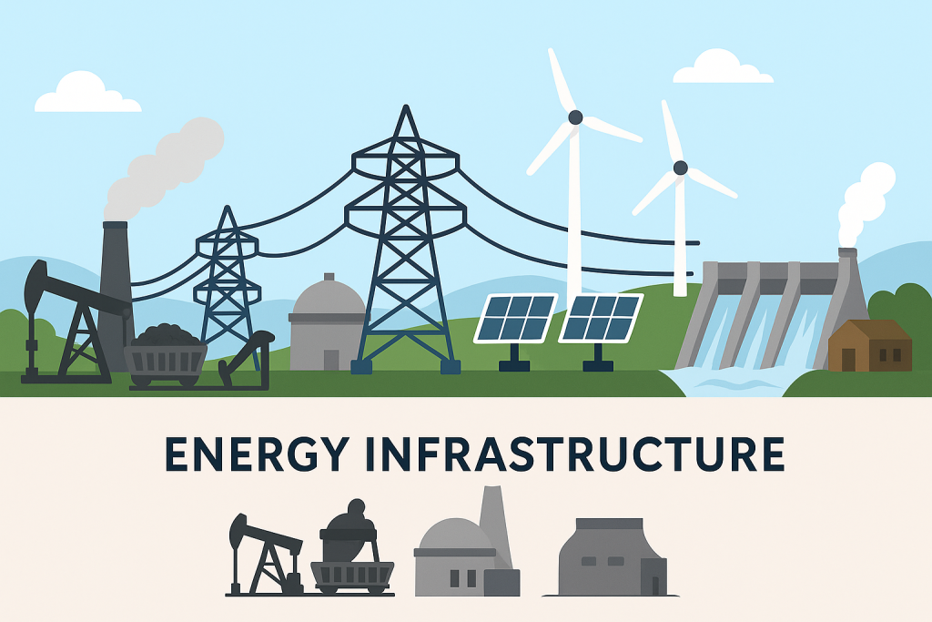 Illustration of an energy landscape showing coal, oil and nuclear plants on the left, transmission towers in the middle, and wind turbines, solar panels and a hydroelectric dam on the right, with the words “Energy Infrastructure” underneath.